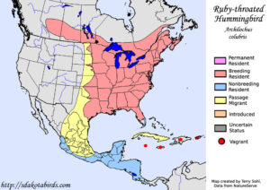 range map for the Ruby-throated hummingbird