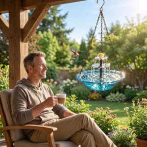 man watching hummingbirds at the birdbath