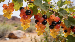 Closeup of ripe golden currant berries on Arizona Ribes aureum shrub in wildlife garden.