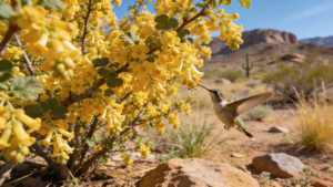 Arizona golden currant shrub with yellow spring flowers attracting hummingbirds.