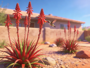 Red yucca blooming in a sunny Arizona desert yard with a hummingbird feeding from red tubular flowers