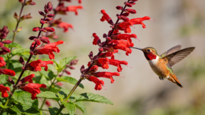 Autumn Sage with bright red tubular flowers that attract hummingbirds.