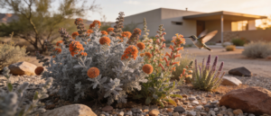 Buddleja marrubiifolia shrub mixed with desert hummingbird plants in a sunny low-water Arizona landscape.