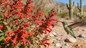 Chuparosa hummingbird bush blooming in an Arizona backyard with a hummingbird feeding on red tubular flowers