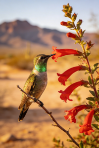 Close-up of a hummingbird drinking nectar from bright red Chuparosa flowers in the Arizona desert