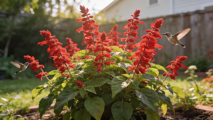 Pineapple Sage with vivid red tubular blooms visited by hummingbirds.