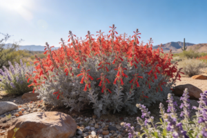  Hummingbird Trumpet Epilobium canum blooming in a sunny Arizona xeriscape garden with gravel mulch and native desert plants