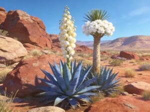 Banana yucca and soaptree yucca growing together in a rocky Arizona landscape with tall white flower stalks