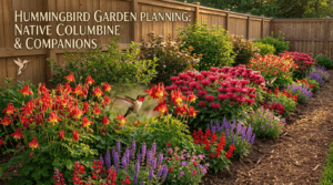 Mixed hummingbird garden bed with native columbine and other nectar plants