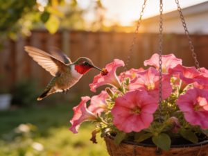Ruby-throated hummingbird sipping nectar from pink petunia flowers in a backyard planter