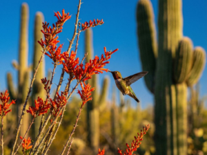 A broad-tailed hummingbird hovering at Ocotillo blooms with saguaro cacti in the background under a deep blue Arizona sky.