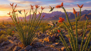 Three hummingbirds working a cluster of blooming Ocotillo at sunrise with the Sonoran mountain range in the background