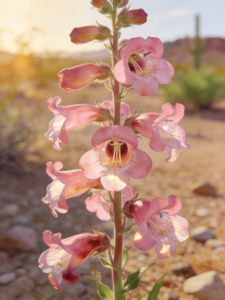 Closeup of Parry’s Penstemon tubular pink flowers showing details of the blooms in a sunny Arizona landscape