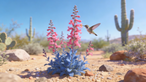 Parry’s Penstemon with bright pink flower spikes attracting a hummingbird in an Arizona desert garden