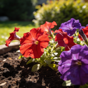 Bright red and purple petunias blooming in a sunny garden bed to attract hummingbirds
