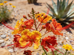 Close up of Red Bird of Paradise flowers in an Arizona desert garden