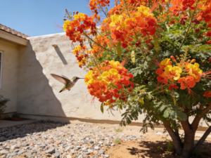 Red Bird of Paradise shrub in an Arizona yard with a hummingbird feeding from orange flowers