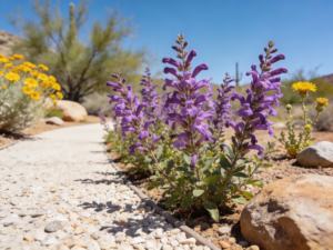 Sonoran honeysuckle shrubs blooming along a gravel path in a water-wise Arizona desert landscape for hummingbirds.