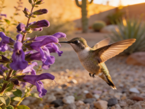 Hummingbird drinking nectar from purple Sonoran honeysuckle flowers in an Arizona desert garden.