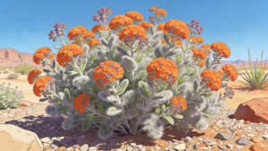 Woolly butterfly bush with gray foliage and orange flowers in an Arizona xeriscape garden providing habitat for hummingbirds and butterflies.